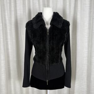 Capri Sweater Womens XL Black Faux Fur Collar Full Zip Knit Ribbed Hem